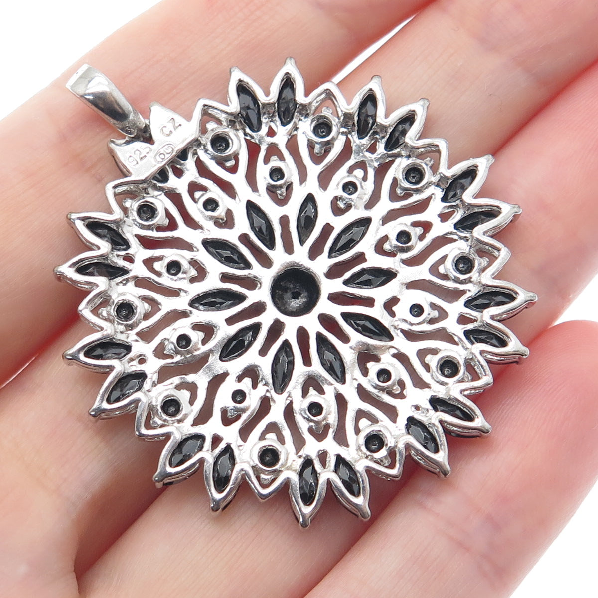 925 Sterling Silver Round & Marquise-Cut Black C Z Flower Cluster Charm Pendant