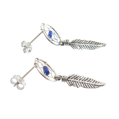 Old Pawn 925 Sterling Silver Vintage Lapis Dreamcatcher Feather Dangle Earrings
