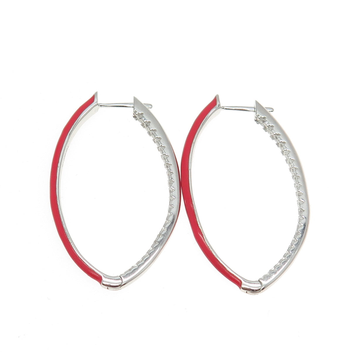 925 Sterling Silver Pave C Z & Red Enamel Hinged Oval Earrings