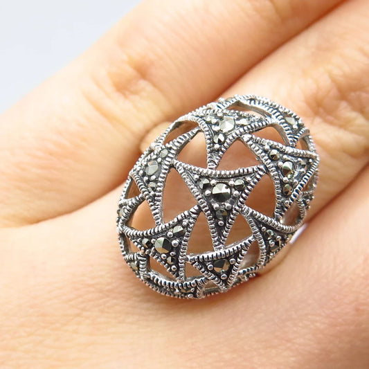 925 Sterling Silver Vintage Real Marcasite Gemstone Ornate Ring Size 6.75