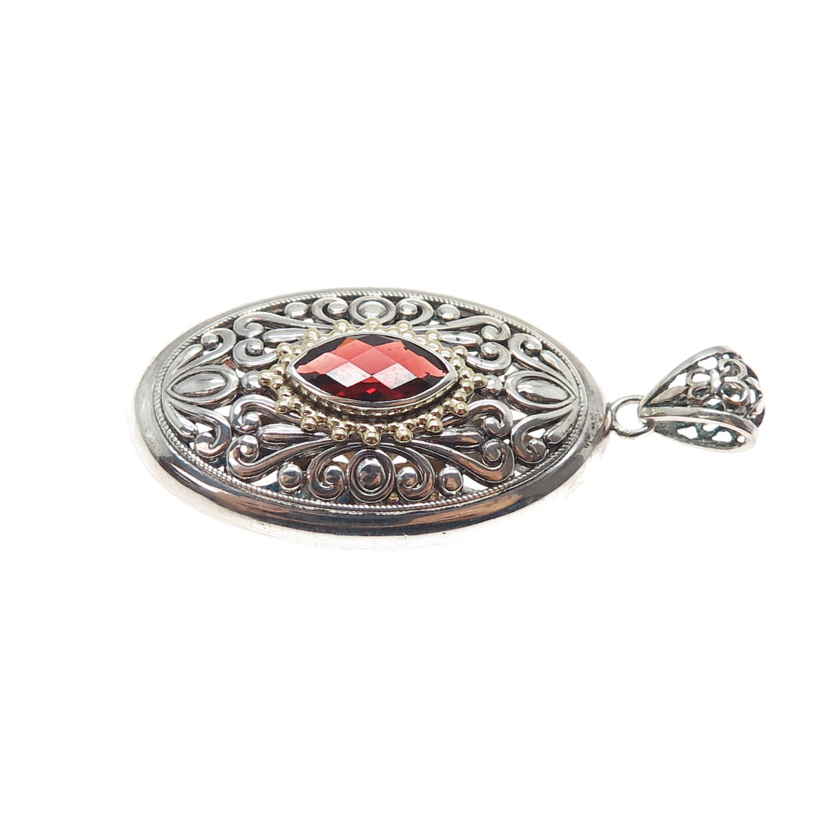 ART'S ELEGANCE 925 Sterling Silver 14K Gold Vintage Real Red Garnet Pendant