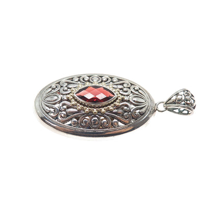 ART'S ELEGANCE 925 Sterling Silver 14K Gold Vintage Real Red Garnet Pendant