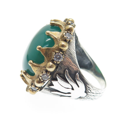 925 Sterling Silver 2-Tone Vintage Real Green Onyx & C Z Tulip Ring Size 8