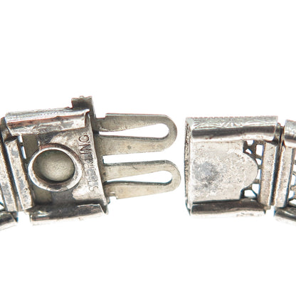 925 Sterling Silver Antique Emerald-Cut Glass & Rhinestone Filigree Bracelet 7"