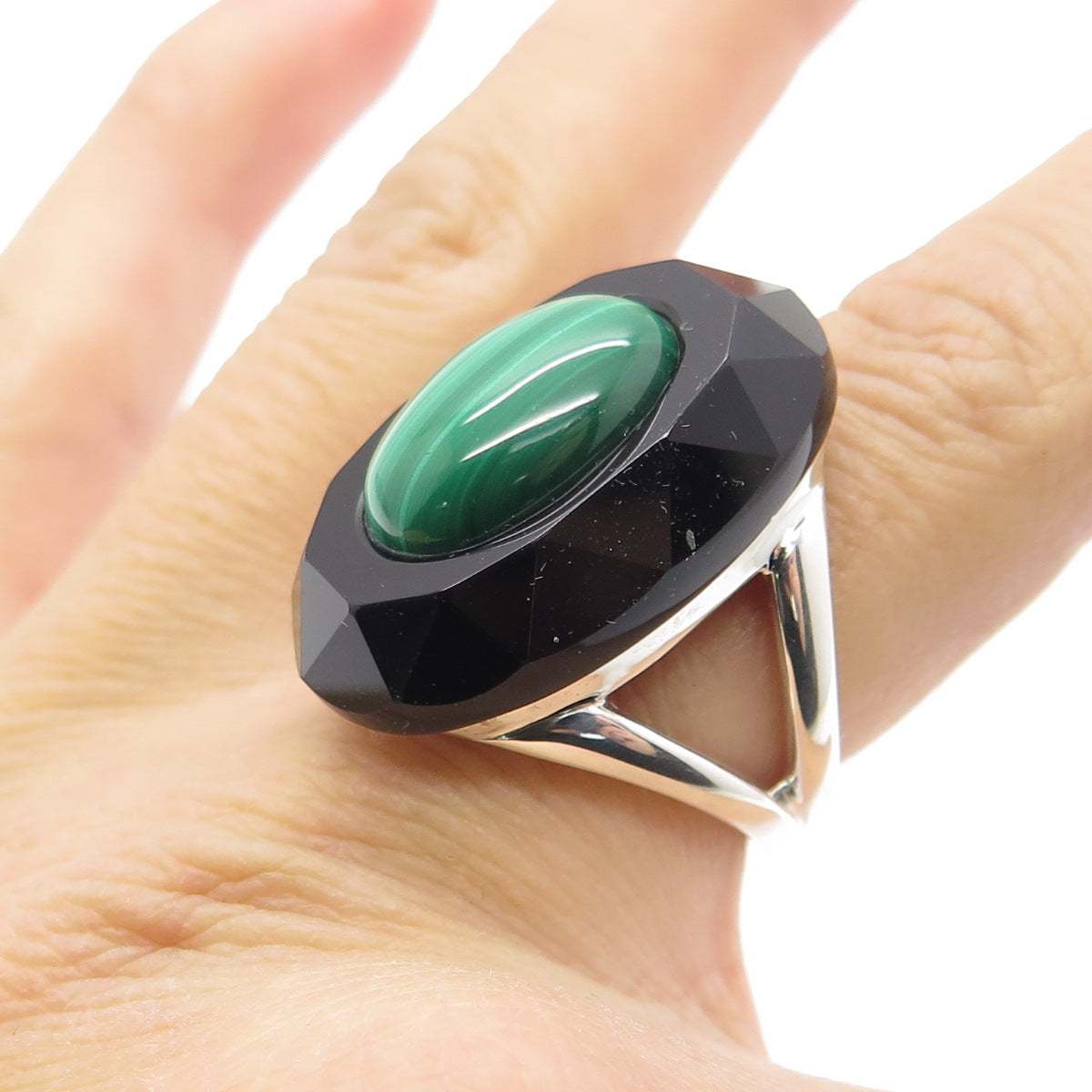 WHITNEY KELLY 925 Sterling Silver Vintage Black Onyx & Malachite Gem Ring Size 6