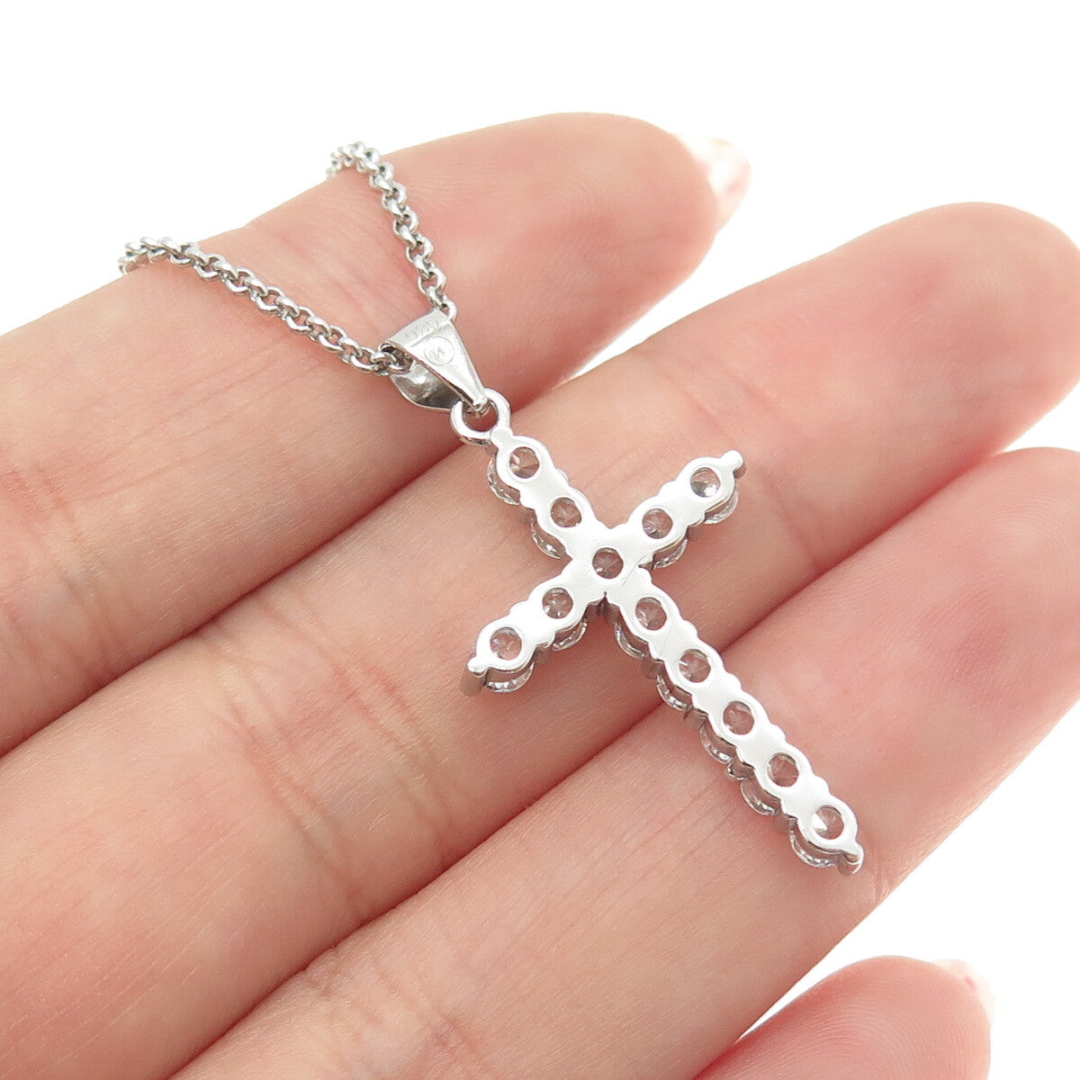 925 Sterling Silver Italy Round-Cut C Z Cross Rolo Chain Necklace 16"