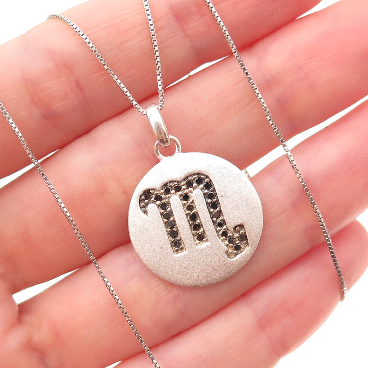 925 Sterling Silver Real Black Diamond Scorpio Zodiac Box Chain Necklace 18"