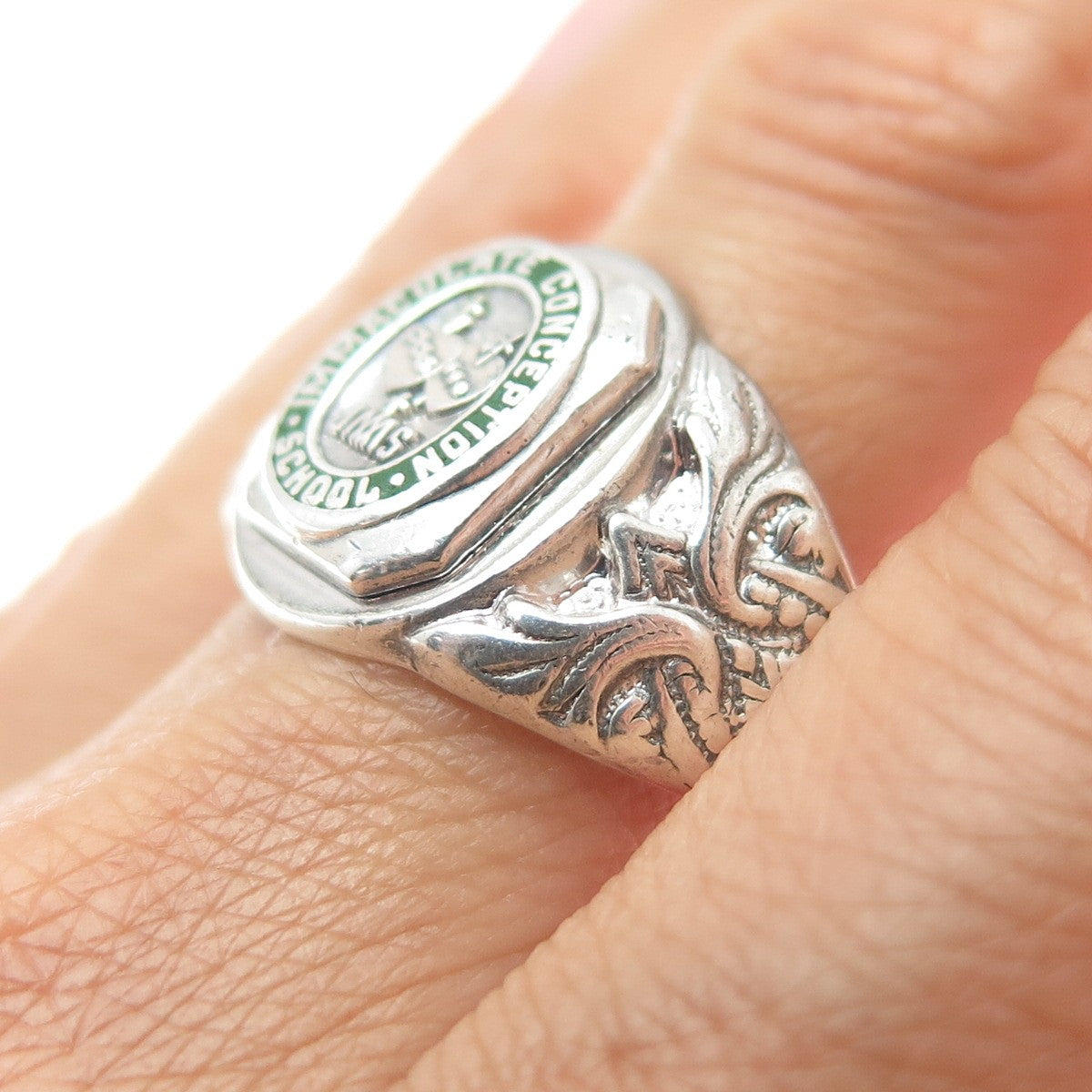 SK&F 925 Sterling Vintage 1974 Enamel Immaculate Conception School Ring Size 8.5