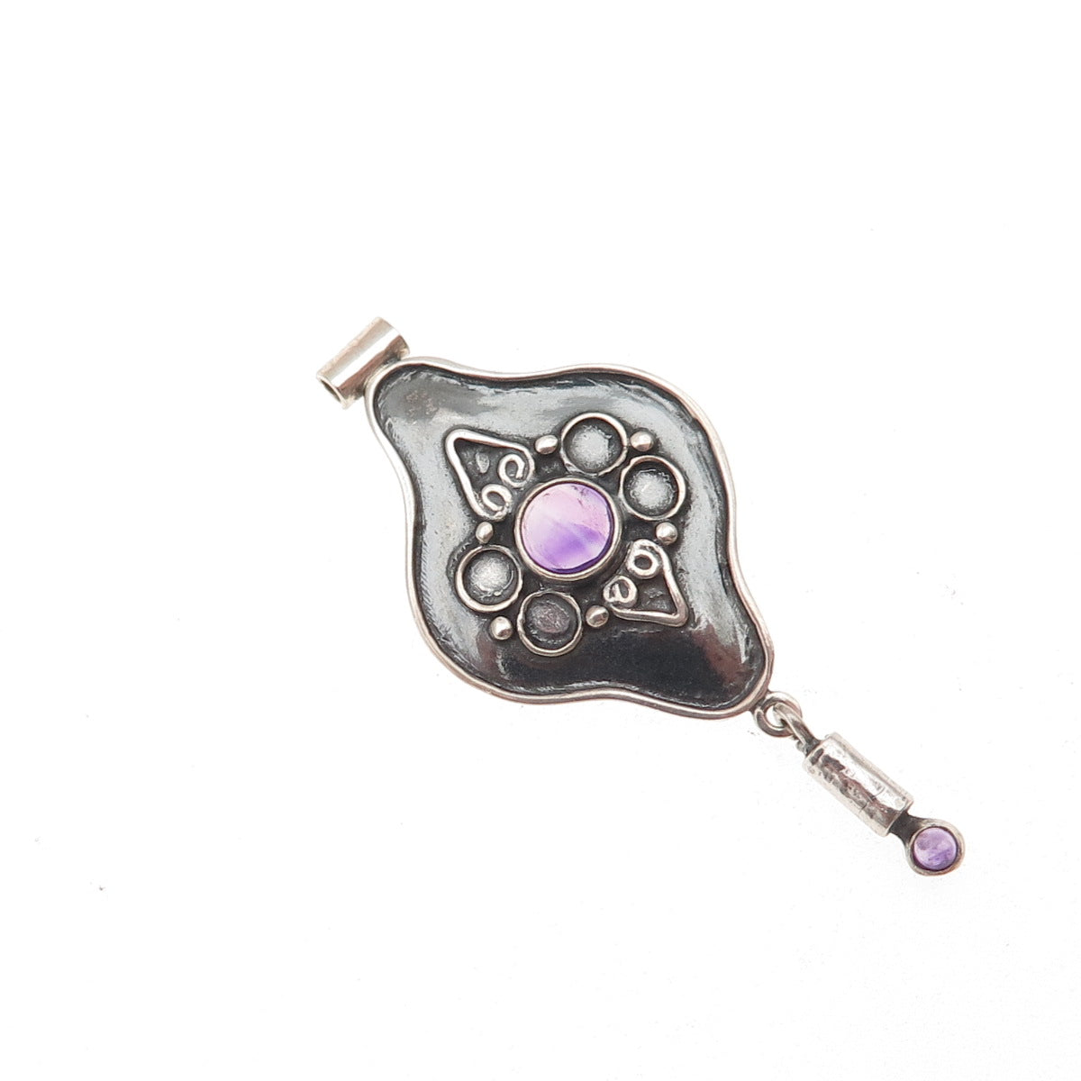 925 Sterling Silver Vintage Real Amethyst Modernist Oxidized Slide Pendant