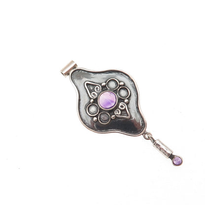 925 Sterling Silver Vintage Real Amethyst Modernist Oxidized Slide Pendant