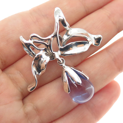 925 Sterling Silver Vintage Blue Glass Modernist Ribbon Bow Slide Pendant