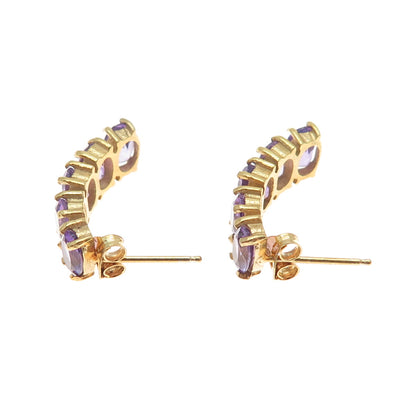 925 Sterling Silver Gold Plated Real Oval-Cut Amethyst Cluster Bar Drop Earrings