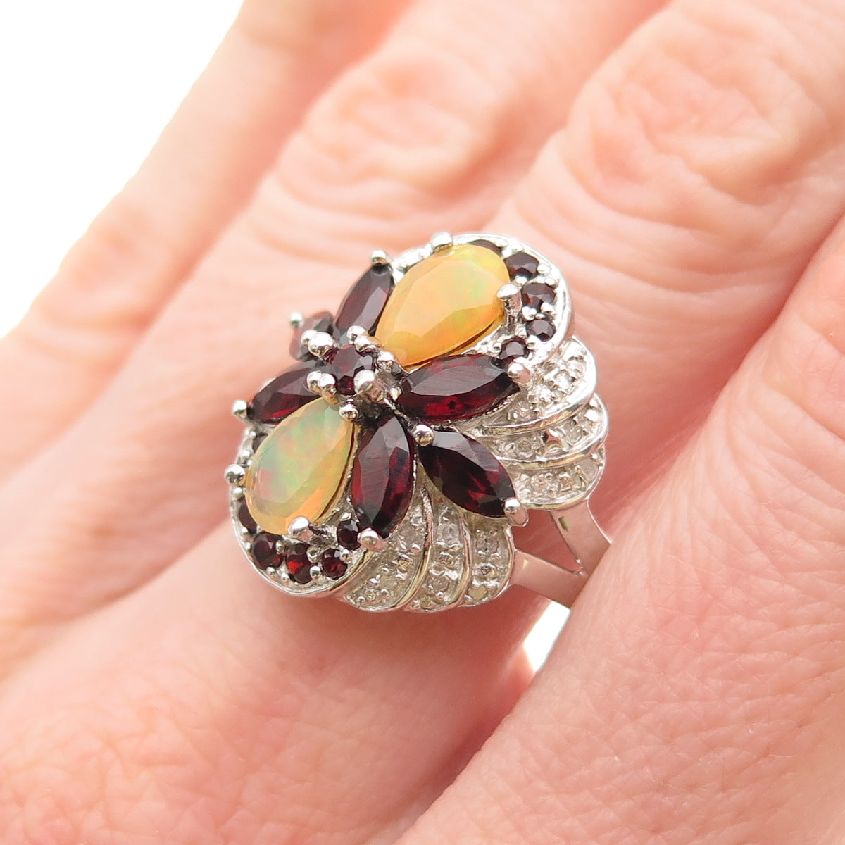 HT Harold Trujillo 925 Sterling Silver Real Diamond Opal Red Garnet Ring Size 9