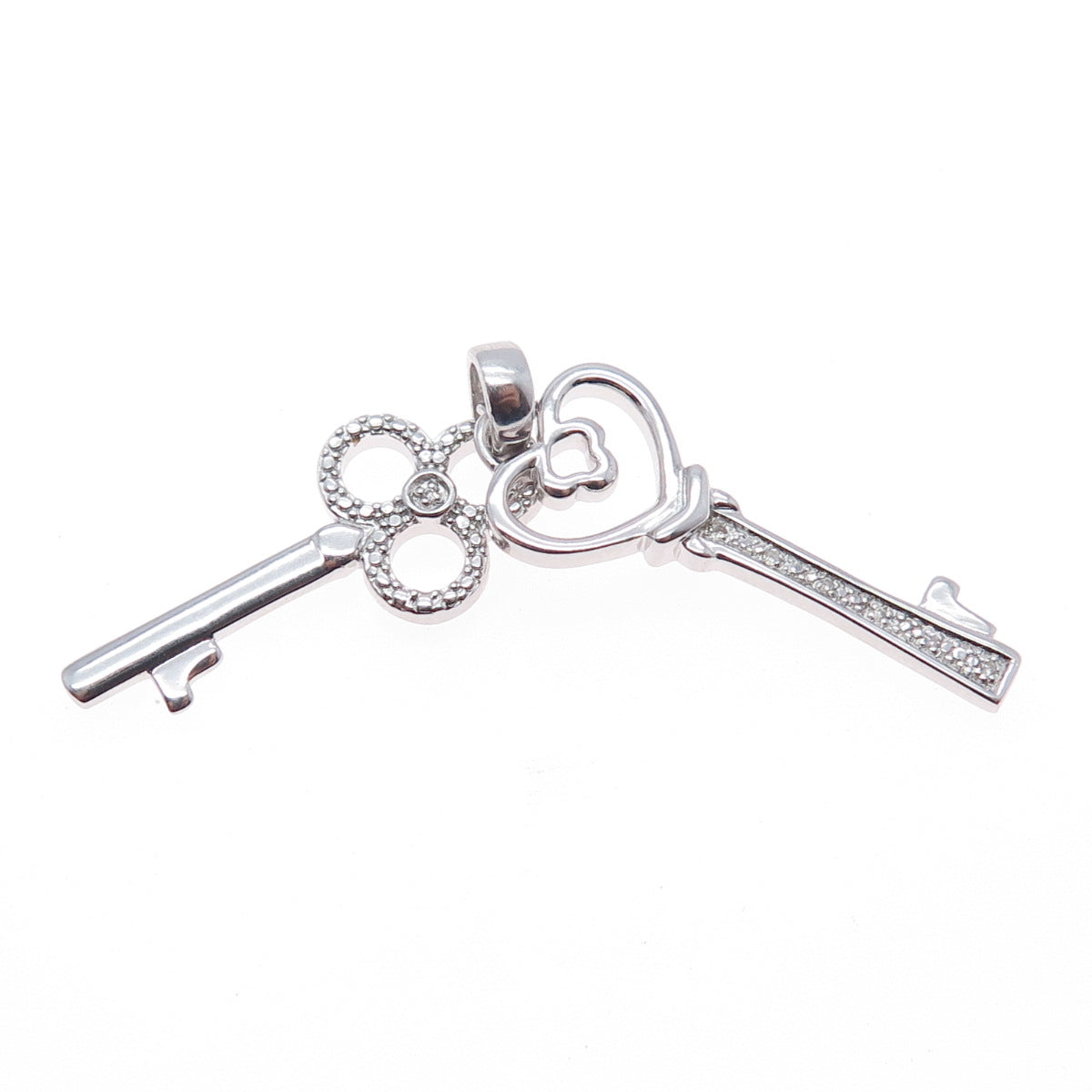 925 Sterling Silver Real Round-Cut Diamond Heart & Club Key Charm Pendant