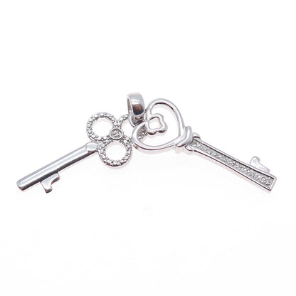 925 Sterling Silver Real Round-Cut Diamond Heart & Club Key Charm Pendant