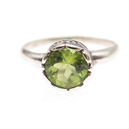 925 Sterling Silver Vintage Real Round-Cut Peridot Oxidized Ring Size 7.75