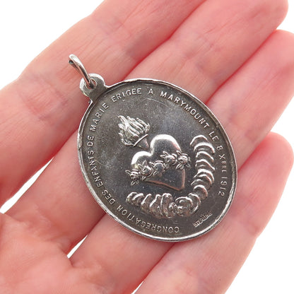 925 Sterling Silver Antique Art Deco St. Mary Religious Medal Oxidized Pendant