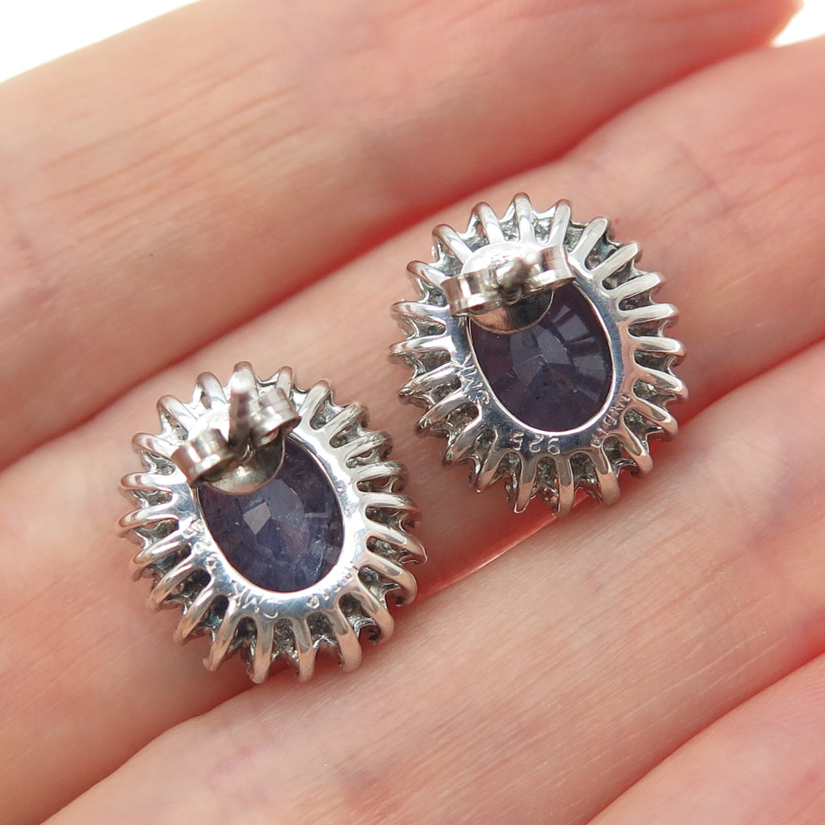 925 Sterling Silver Real Round-Cut Diamond & Oval-Cut Tanzanite Earrings