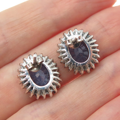 925 Sterling Silver Real Round-Cut Diamond & Oval-Cut Tanzanite Earrings