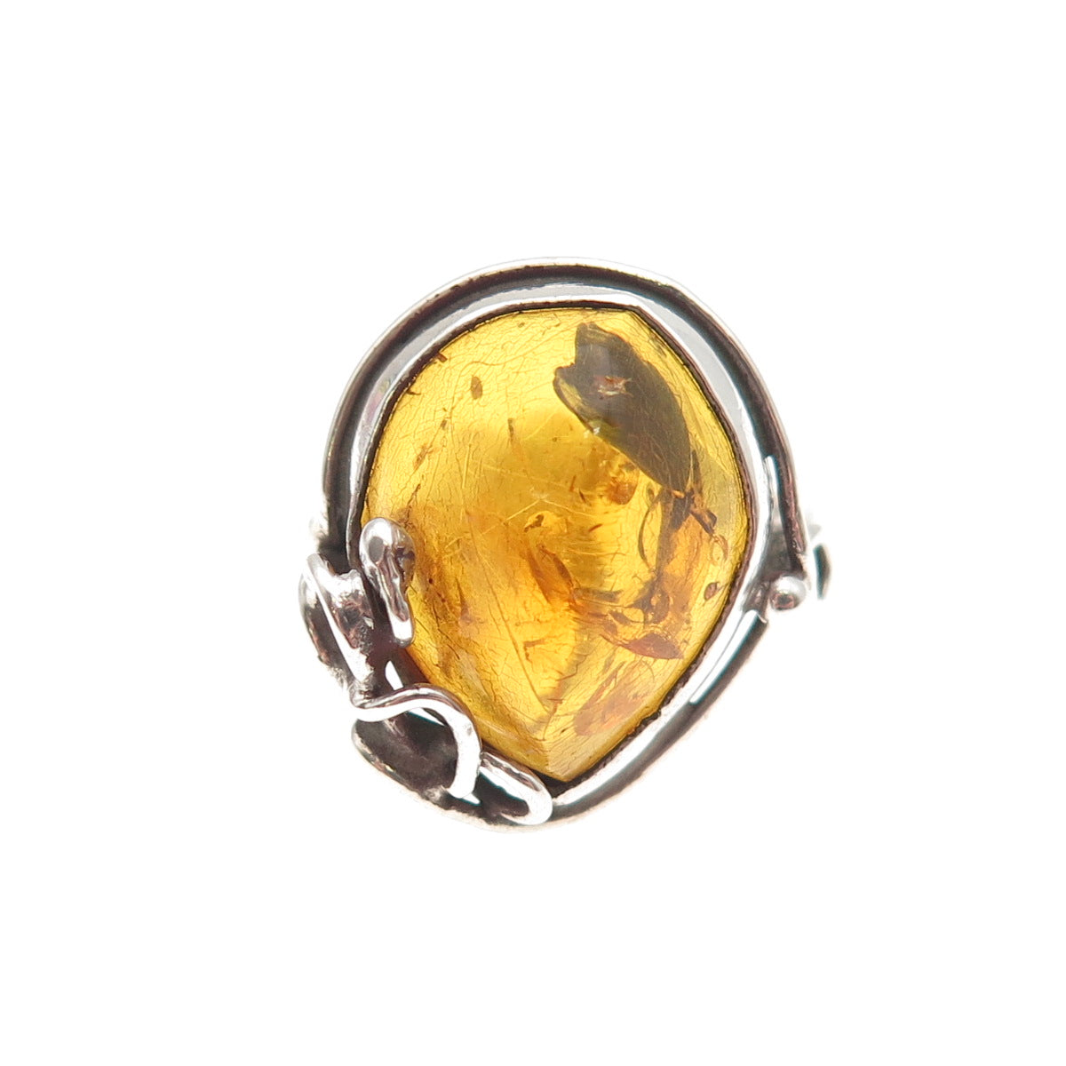 925 Sterling Silver Vintage JP Poland Real Amber Modernist Ring Size 4.75