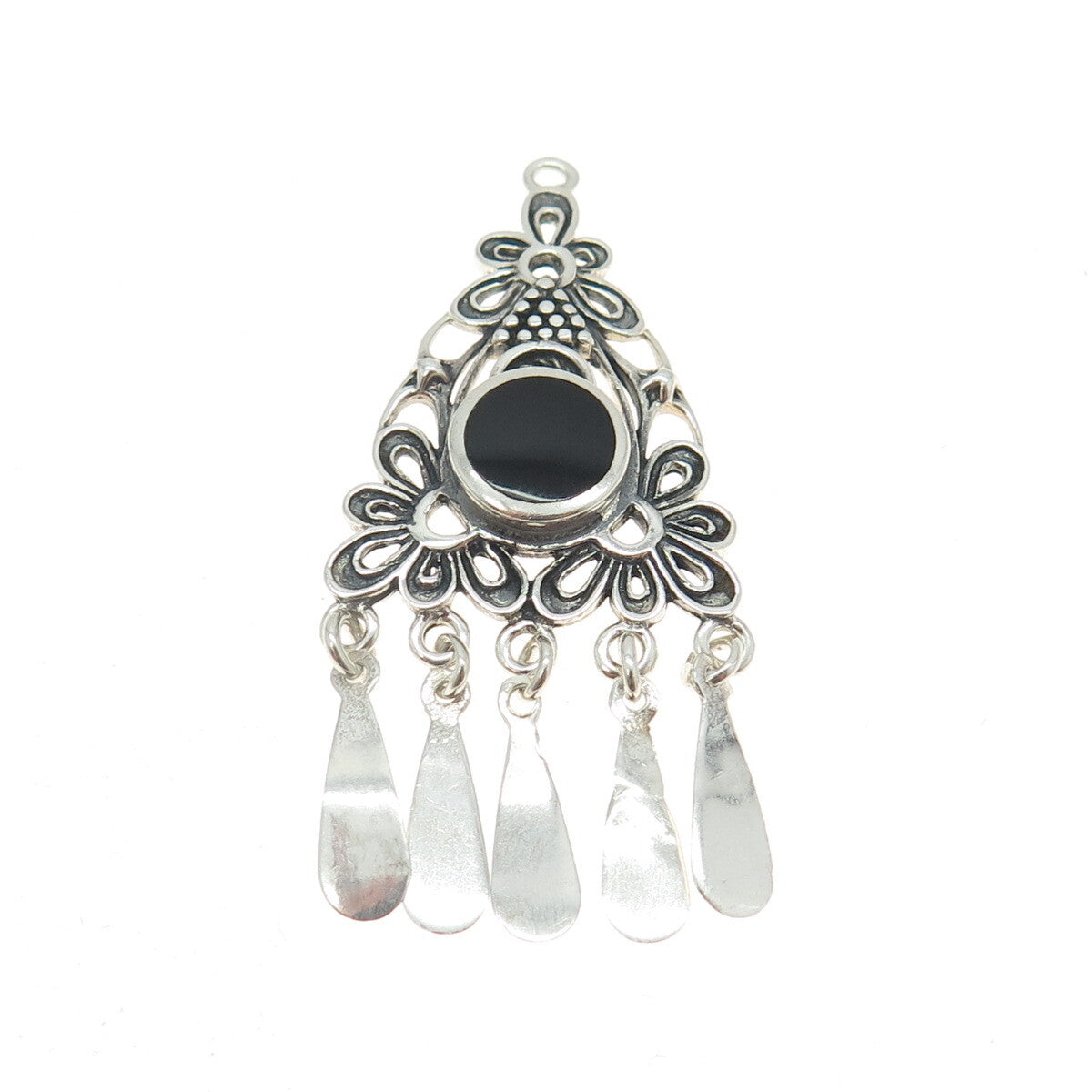 925 Sterling Silver Vintage Real Black Onyx Gemstone Floral Boho Pendant