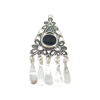 925 Sterling Silver Vintage Real Black Onyx Gemstone Floral Boho Pendant