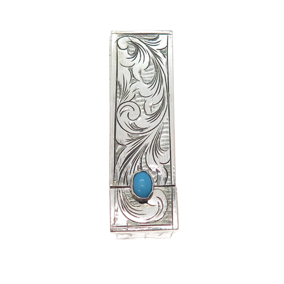 800 Silver Antique Art Deco Real Turquoise Engraved Tube Slide Lipstick Case