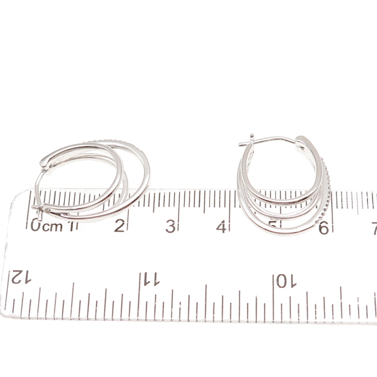 Sun 925 Sterling Silver Real Round-Cut Diamond 3-Row Hoop Earrings