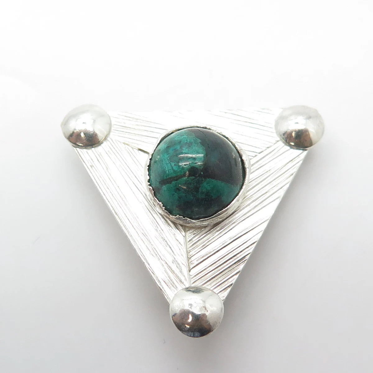 925 Sterling Silver Vintage Real Cabochon Chrysocolla Gem Triangle Pin Brooch
