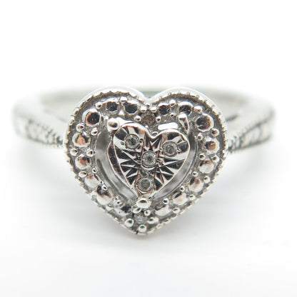 925 Sterling Silver Real Round-Cut Diamond Heart Ring Size 7