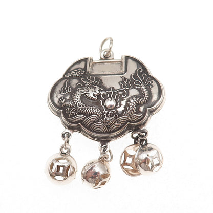 990 Silver Antique Chinese Dragon Longevity Lock Chatelaine Pendant