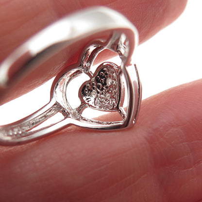 925 Sterling Silver Real Round-Cut Diamond Heart Ring Size 6