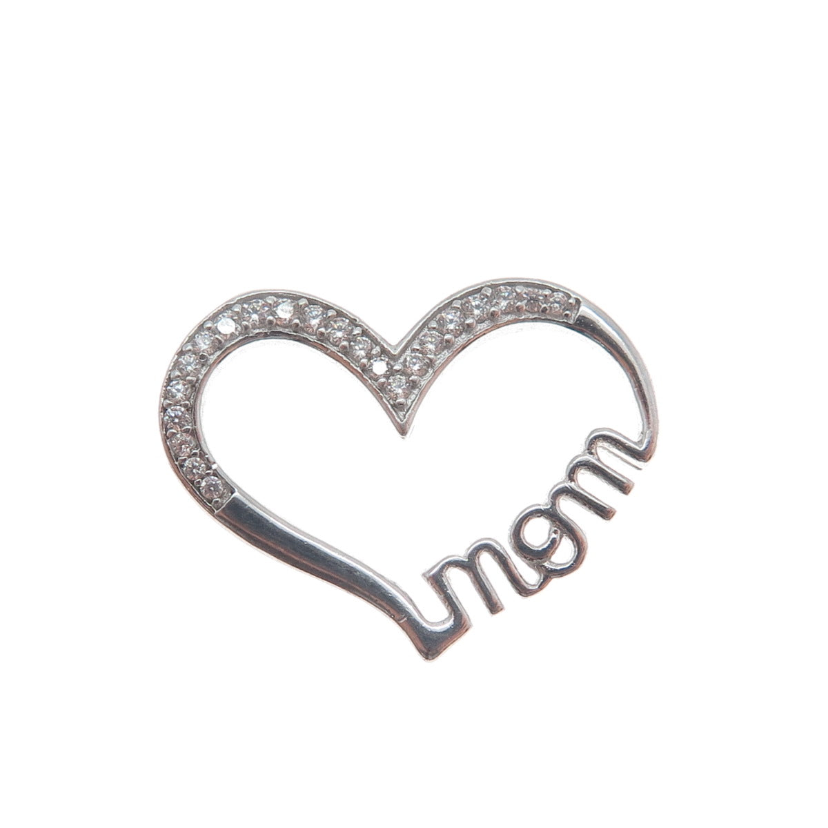 925 Sterling Silver Round-Cut C Z Mom Heart Minimalist Slide Pendant