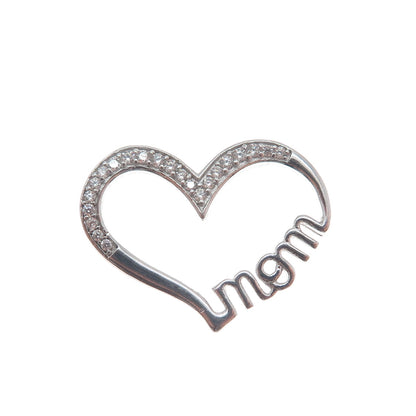 925 Sterling Silver Round-Cut C Z Mom Heart Minimalist Slide Pendant