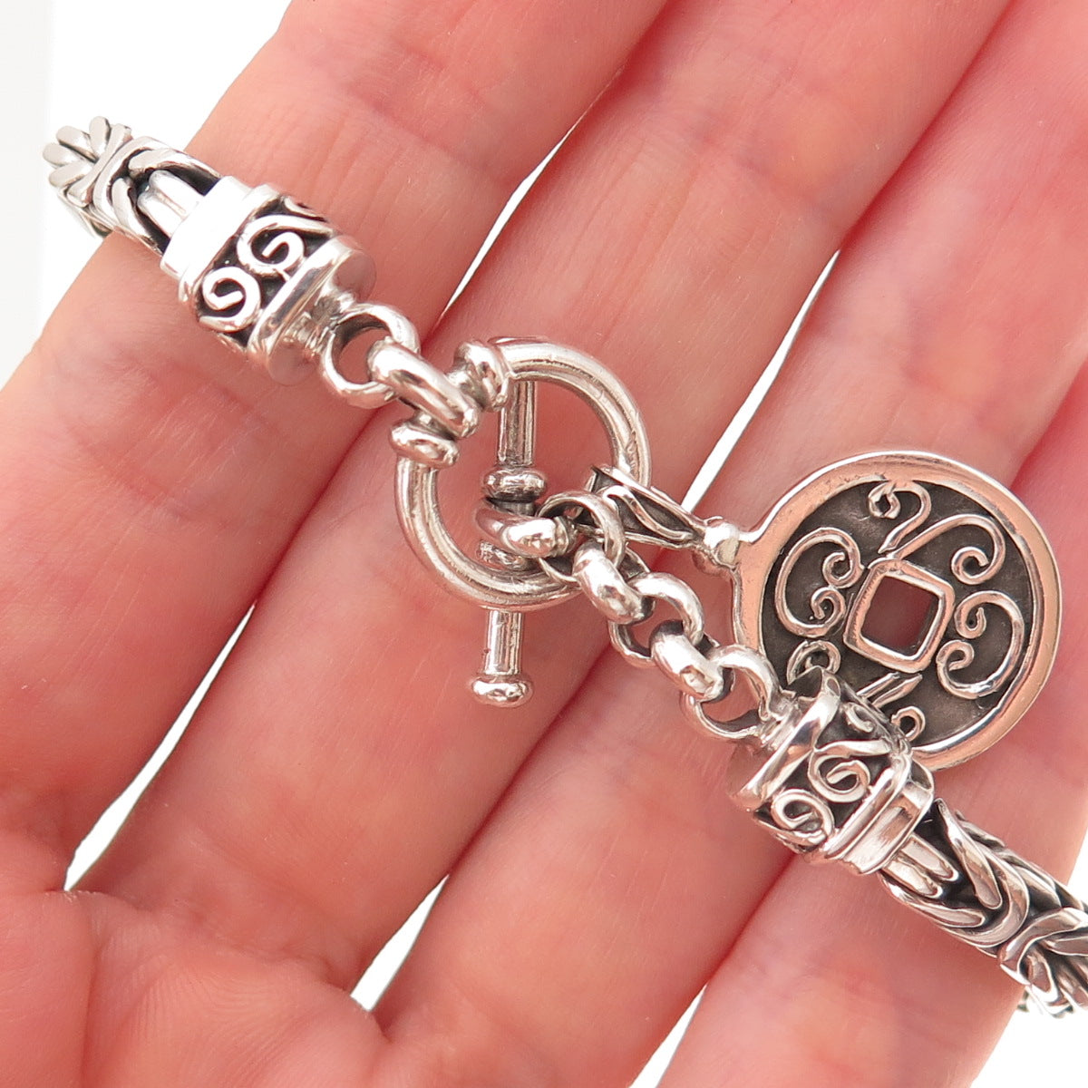 Suarti Bali 925 Sterling Silver Vintage Floral Coin Byzantine Link Bracelet 7"