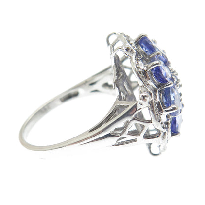 925 Sterling Silver Real White Diamond & Tanzanite Gemstone Ring Size 7