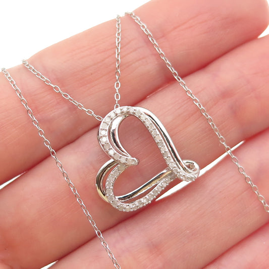 925 Sterling Silver Real Round-Cut Diamond Heart Cable Chain Necklace 18"