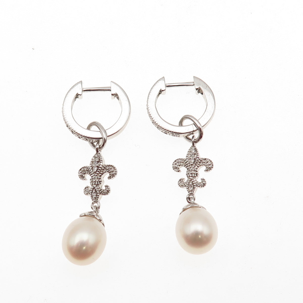 925 Sterling Silver Real Diamond & Pearl Fleur de Lis Charm Hoop Earrings