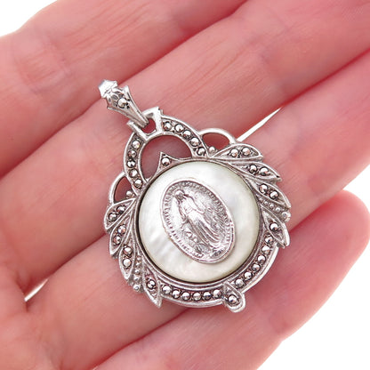 925 Sterling Silver Antique Art Deco Real MOP & Marcasite St. Mary Charm Pendant