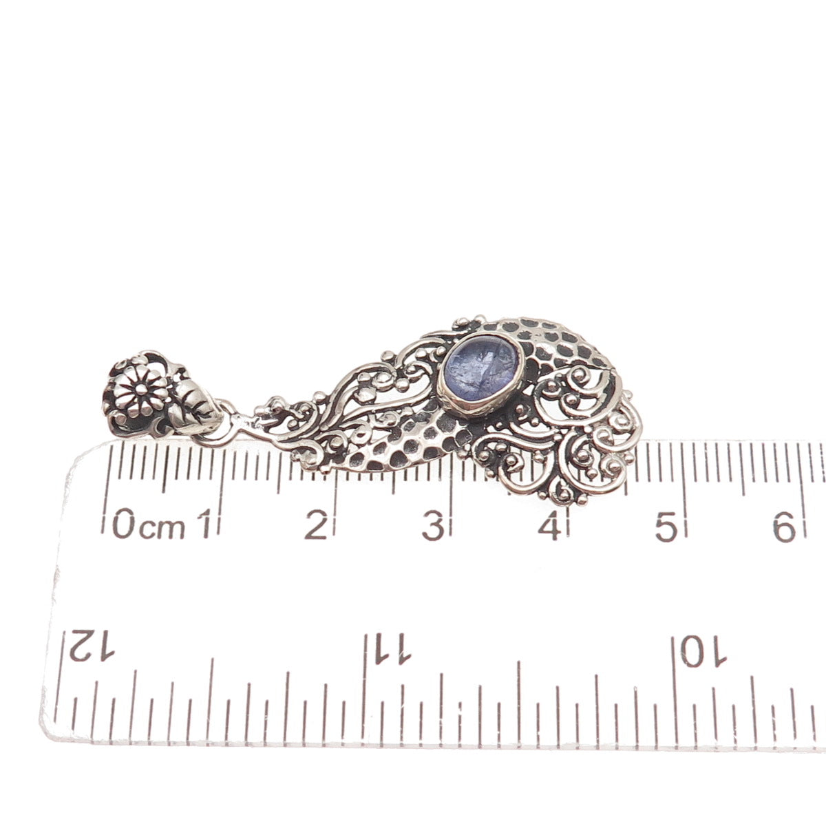 925 Sterling Silver Vintage Real Iolite Floral Oxidized Charm Pendant
