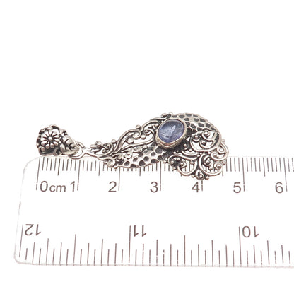 925 Sterling Silver Vintage Real Iolite Floral Oxidized Charm Pendant