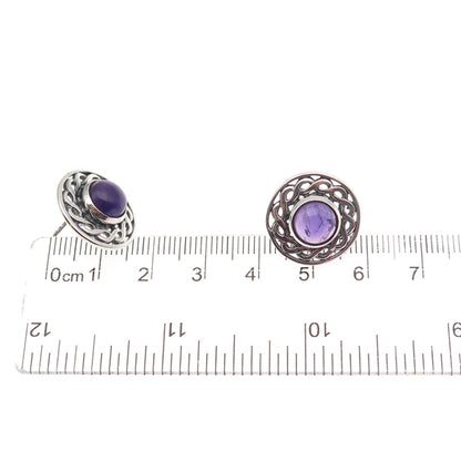 925 Sterling Silver Vintage Real Amethyst Celtic Woven Oxidized Earrings