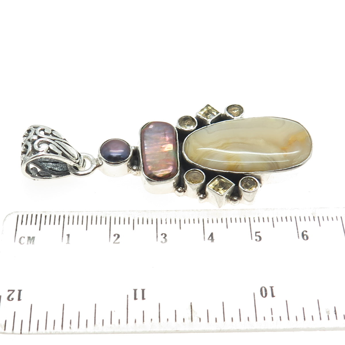 925 Sterling Silver Vintage Tahitian Pearl Picture Agate & Citrine Gem Pendant