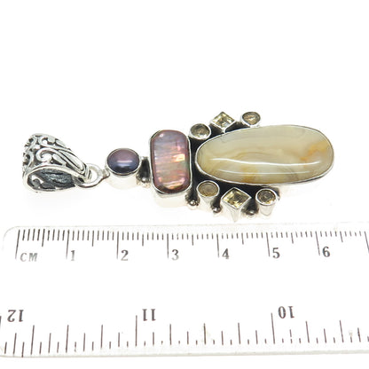 925 Sterling Silver Vintage Tahitian Pearl Picture Agate & Citrine Gem Pendant