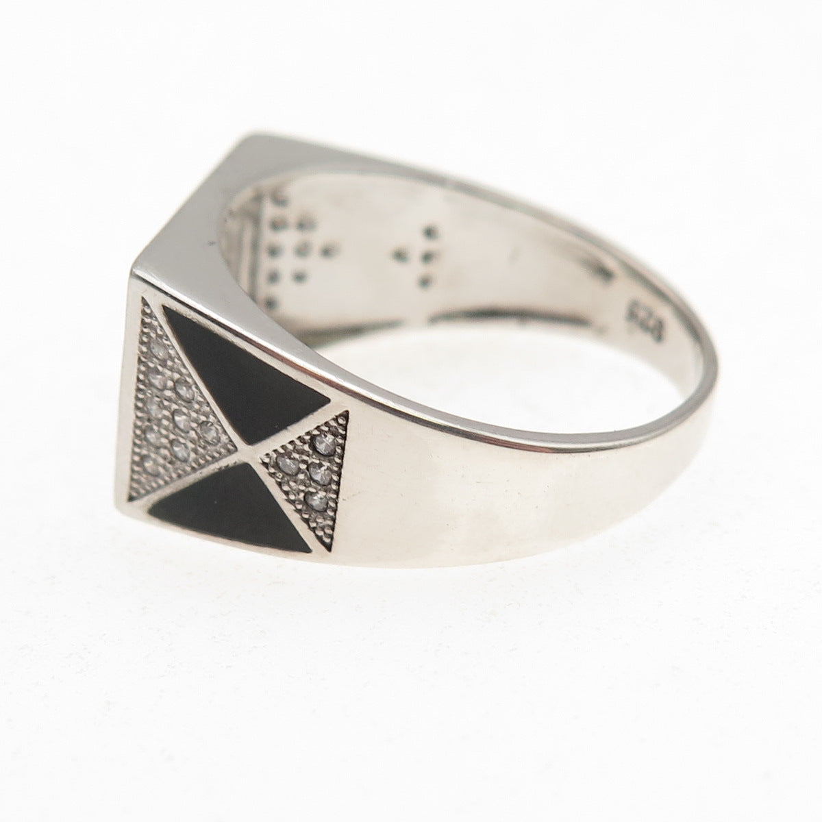 925 Sterling Silver Black Enamel & Round-Cut C Z Geometric Ring Size 11.25