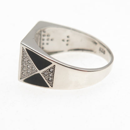 925 Sterling Silver Black Enamel & Round-Cut C Z Geometric Ring Size 11.25
