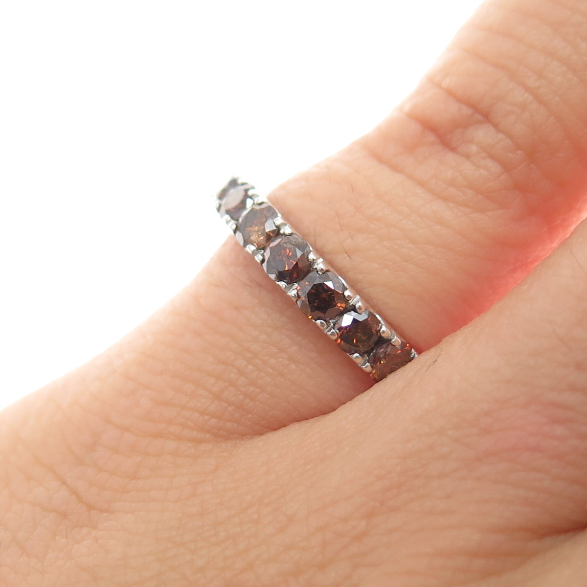 925 Sterling Silver Real Round-Cut Cognac Diamond Half Eternity Ring Size 5