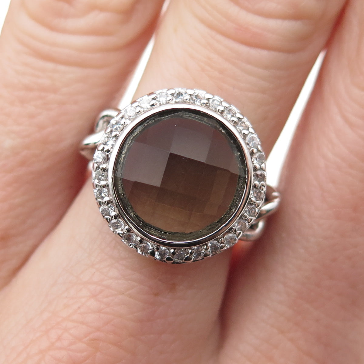 925 Sterling Silver Round-Cut Smoky & White C Z Cuban Chain Ring Size 7