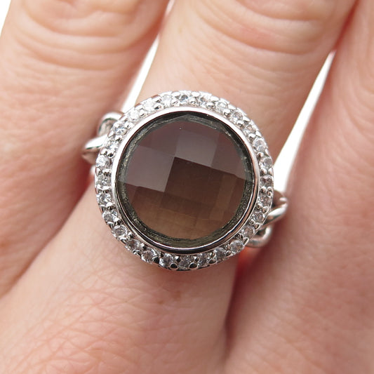 925 Sterling Silver Round-Cut Smoky & White C Z Cuban Chain Ring Size 7