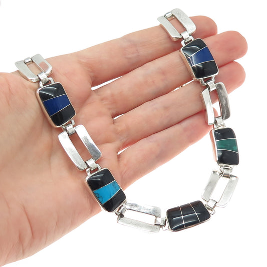 950 Silver Vintage Mexico Real Multi-Color Gem Modernist Chain Necklace 16"